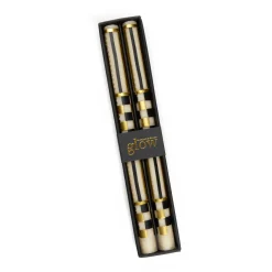 Check & Stripe Dinner Candles - Black & Gold - Set Of 2