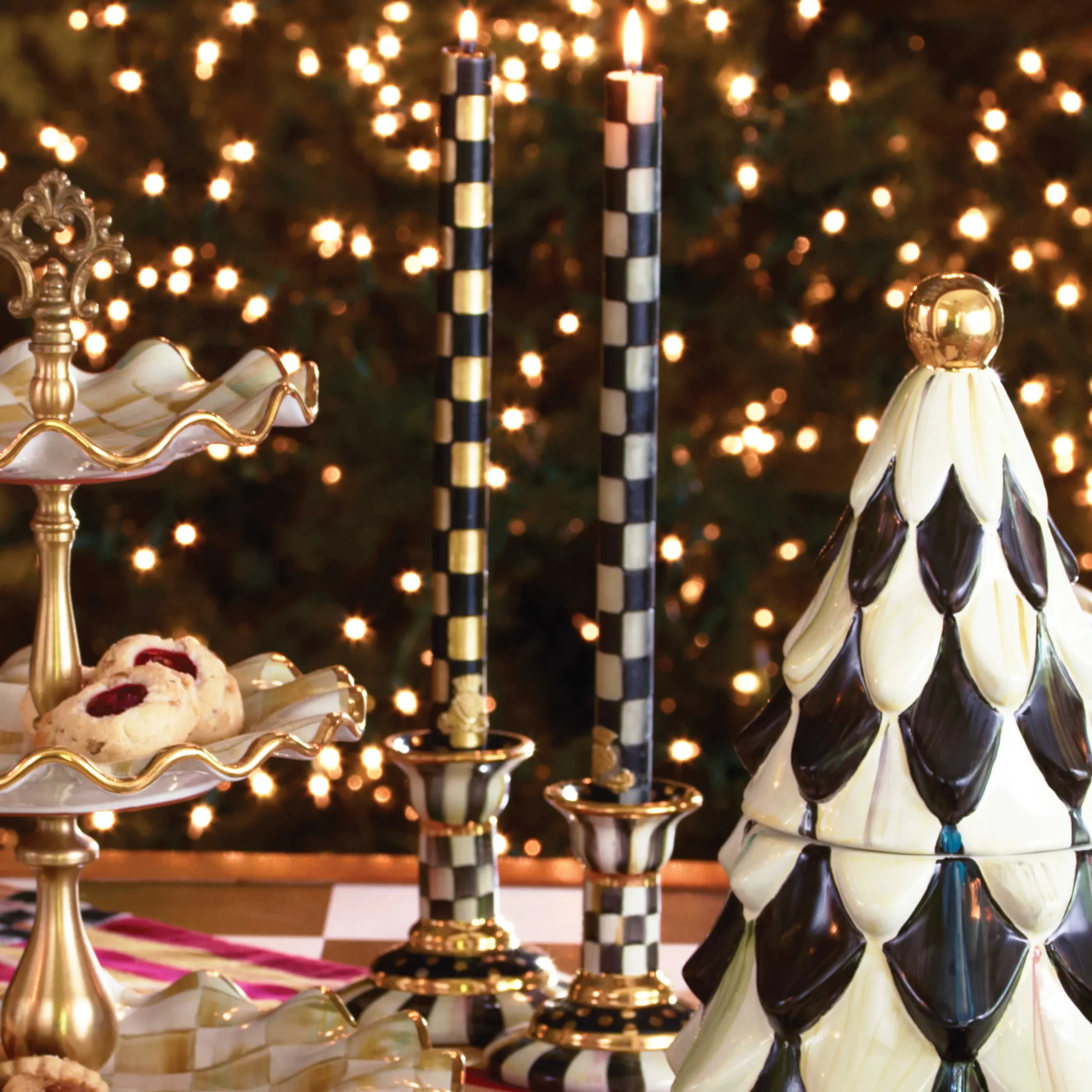 Check Dinner Candles - Black & Ivory - Set Of 2