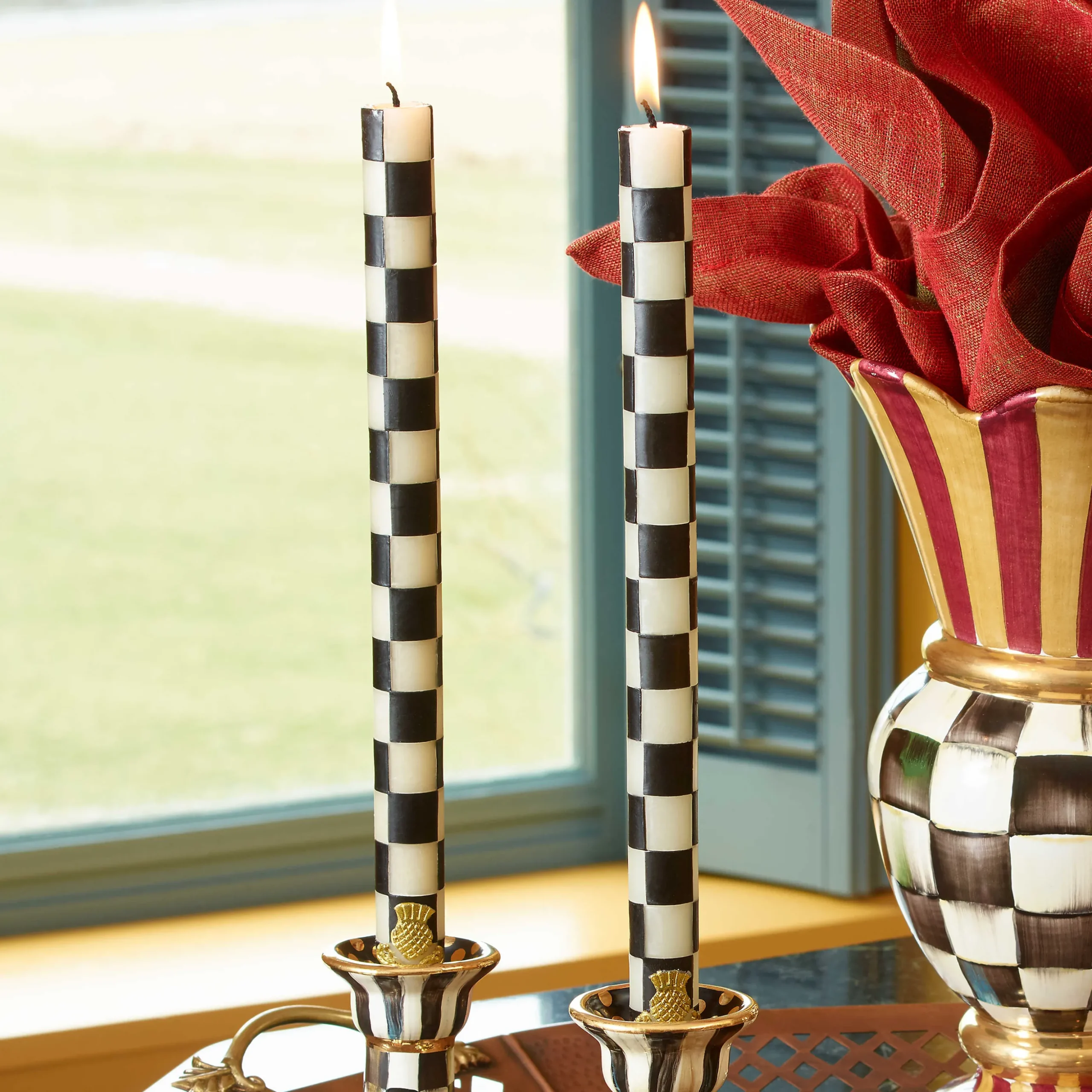 Check Dinner Candles - Black & Ivory - Set Of 2