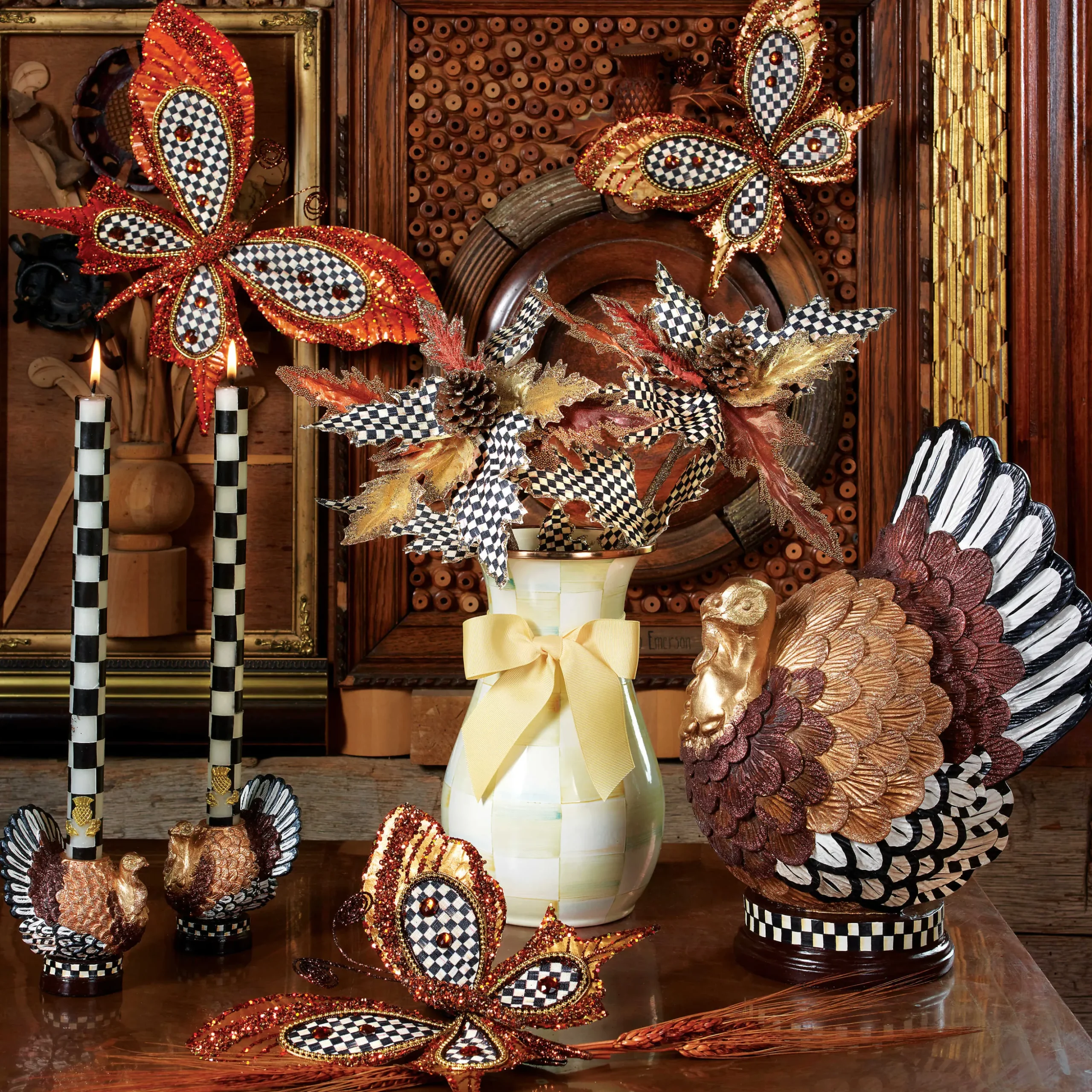 Check Dinner Candles - Black & Ivory - Set Of 2