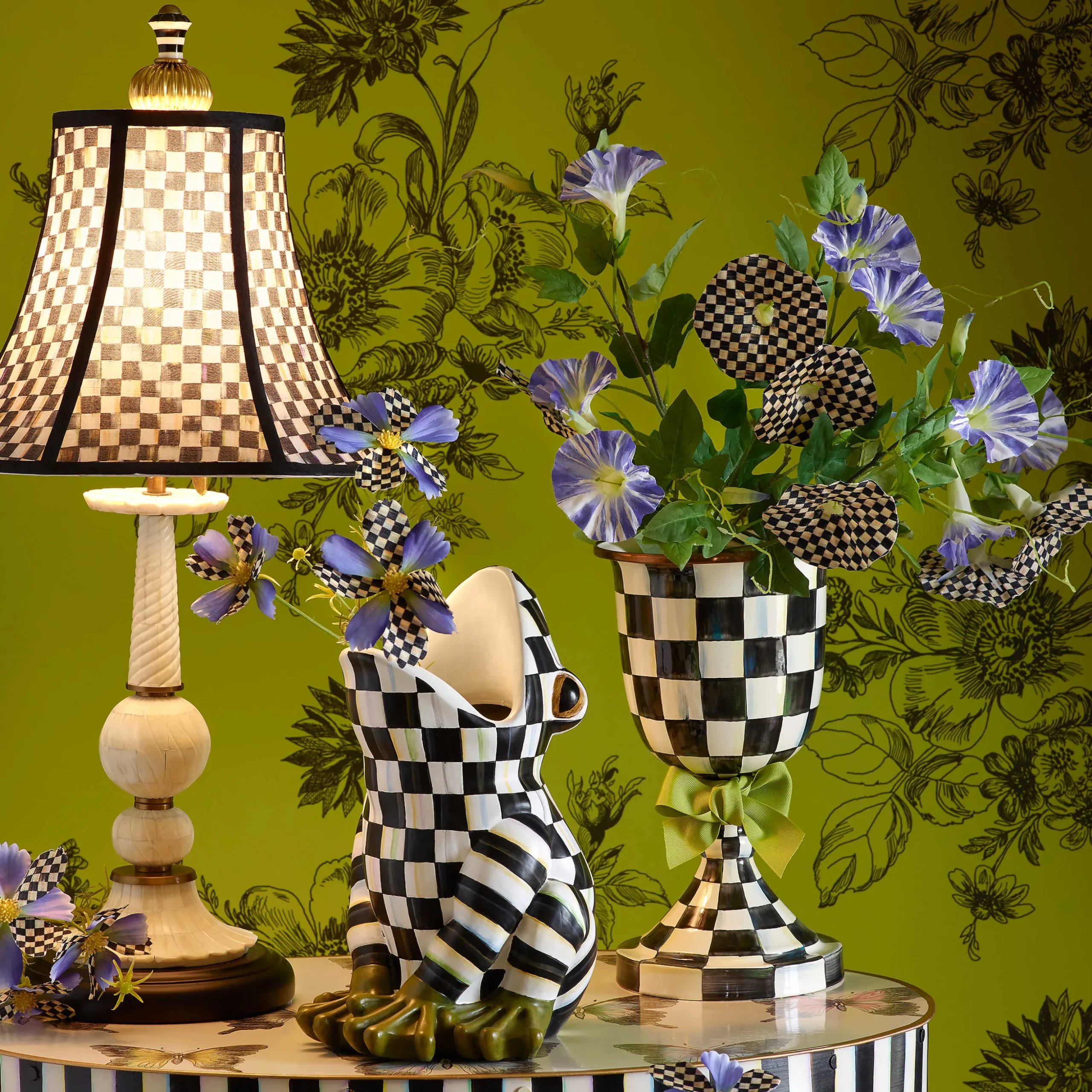 Courtly Check Enamel Pedestal Vase - Green Bow