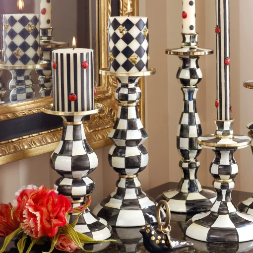 Courtly Check Enamel Pillar Candlestick - Medium