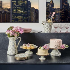 Sterling Check Enamel Pedestal Platter - Small