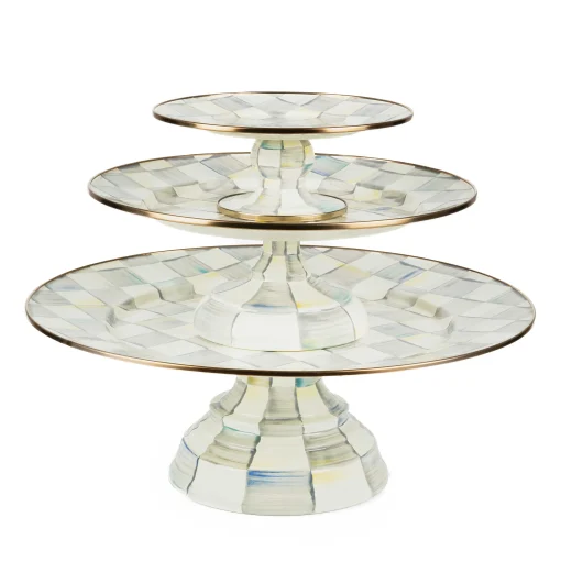 Sterling Check Enamel Pedestal Platter - Large